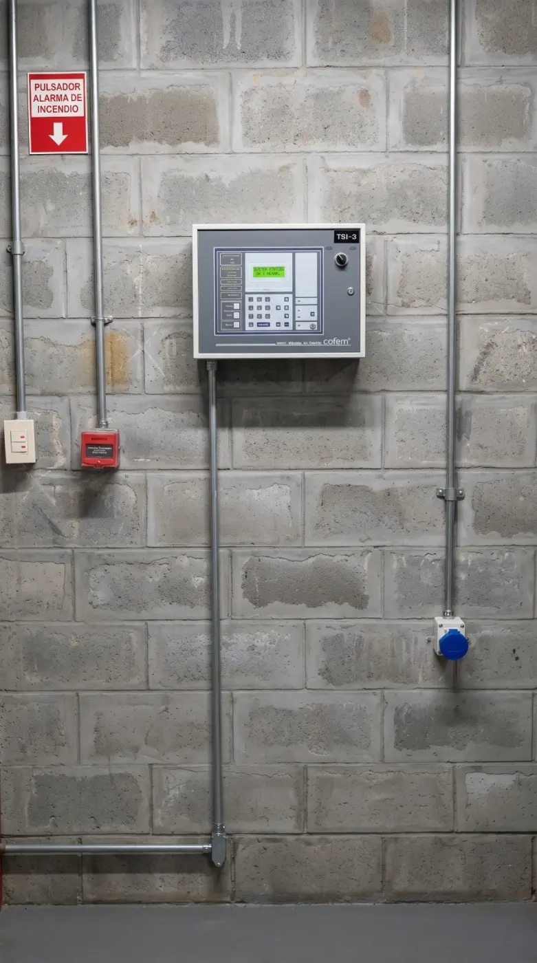Central de detección de incendio y pulsador manual de alarma instalados en pared