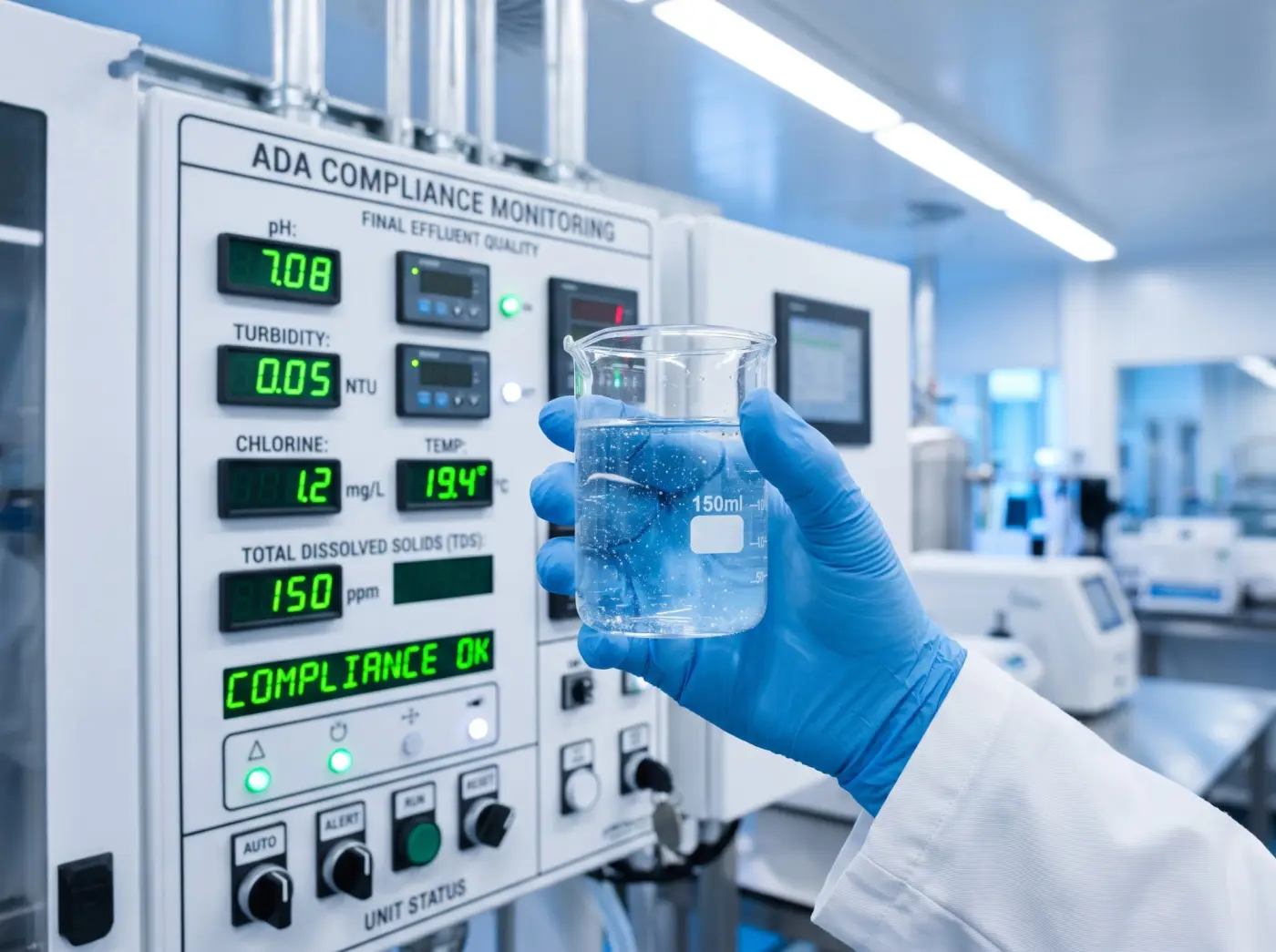 Control de calidad del efluente tratado en laboratorio, panel de monitoreo de cumplimiento normativo